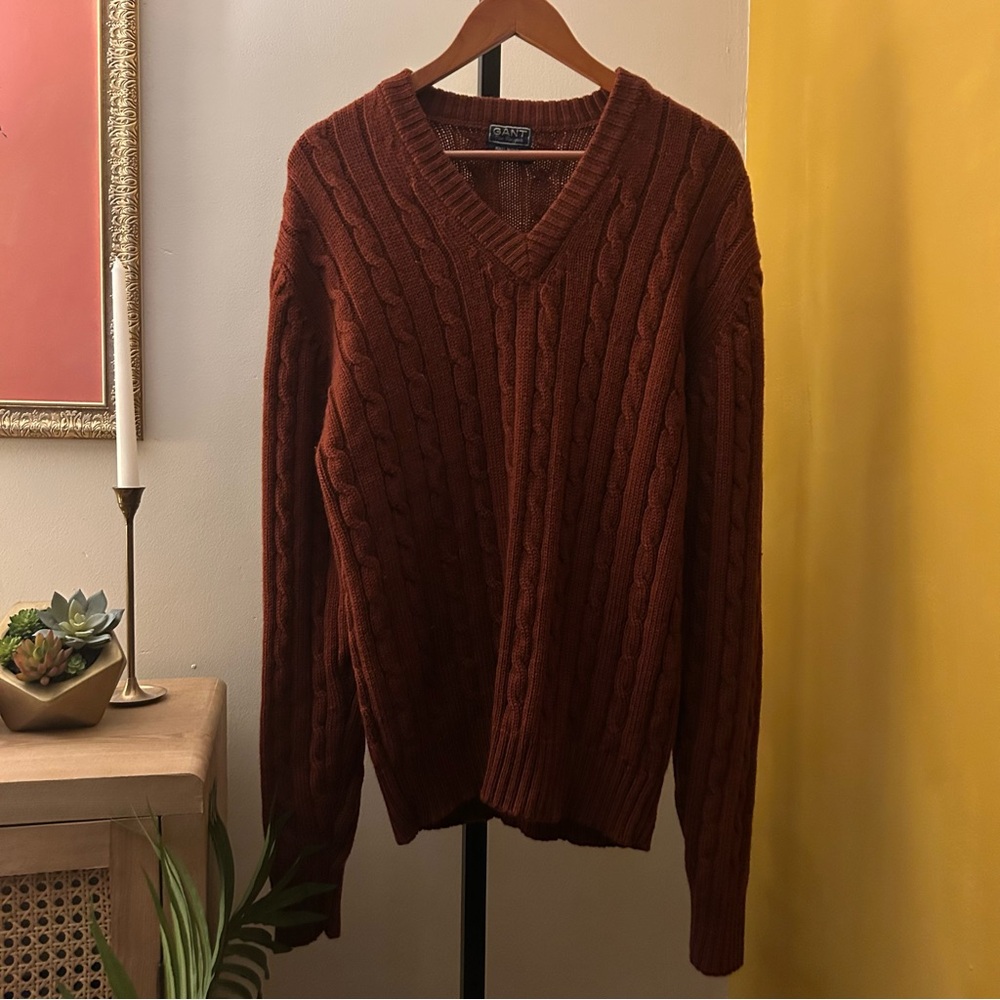Vintage 70s Gant Rugger Wool Cable Knit Sweater Dark Academia Preppy V-Neck‎ XL